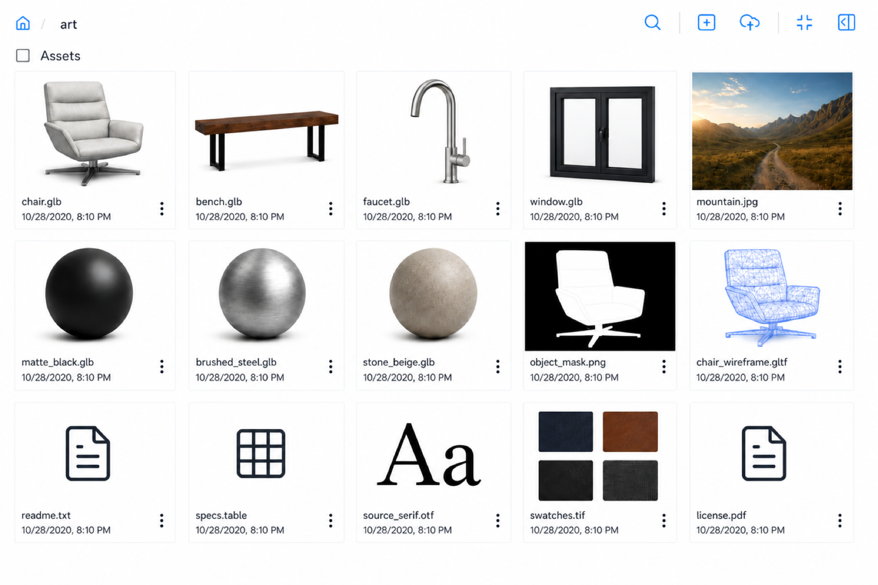 A library grid of reusable assets: furniture models, metal and stone material spheres, a landscape image, a type specimen, and a technical definition drawing.