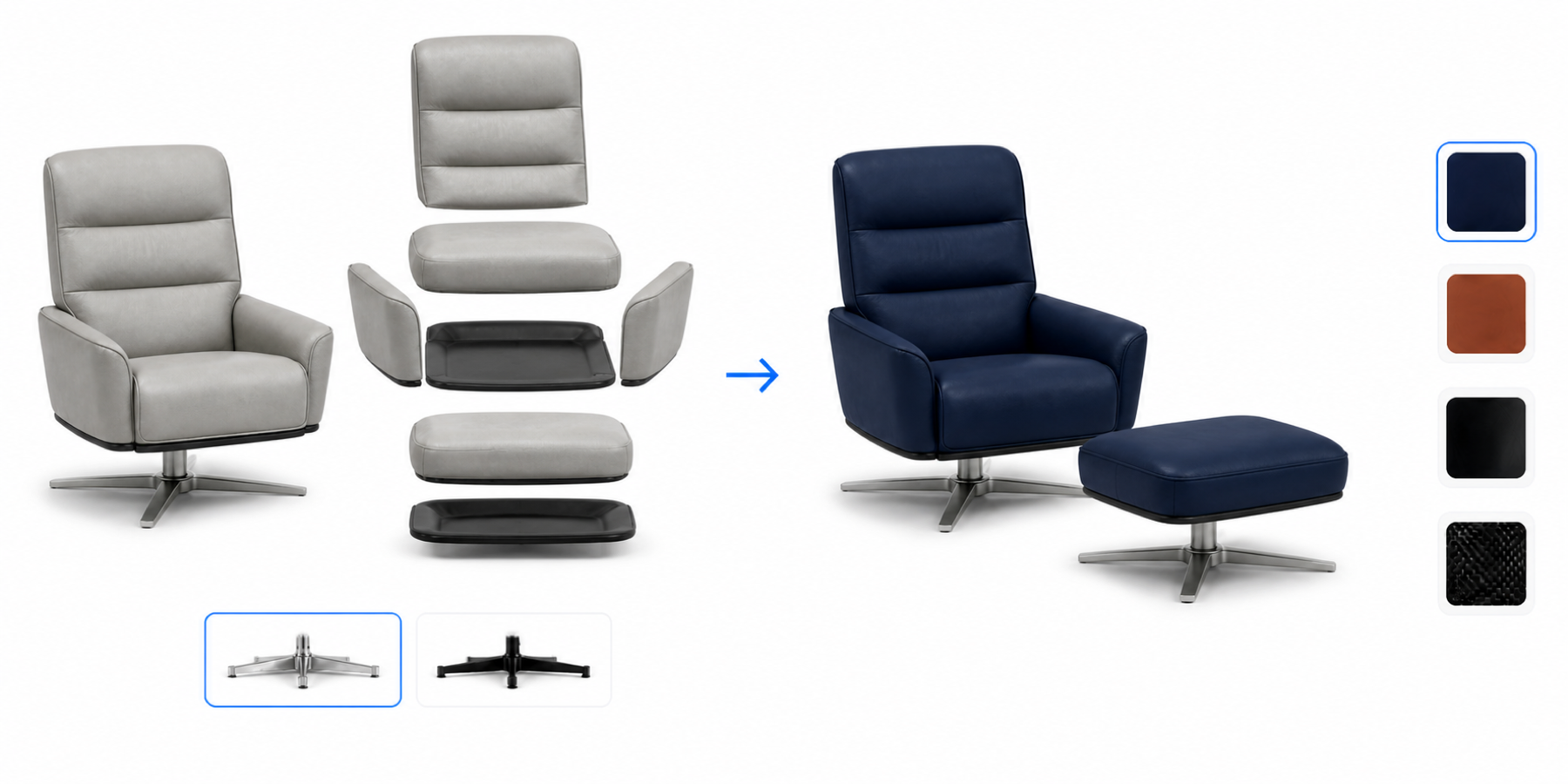 A lounge chair and ottoman shown as separable parts with alternative material swatches, and the same scene rendered as a finished blue configuration.