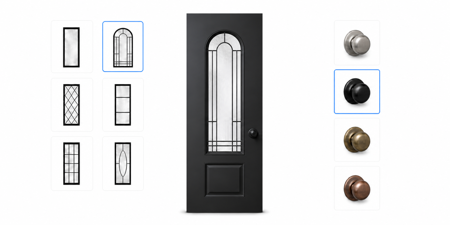 An entry door rendered with selectable window inserts and door knob finishes shown as option panels on either side.