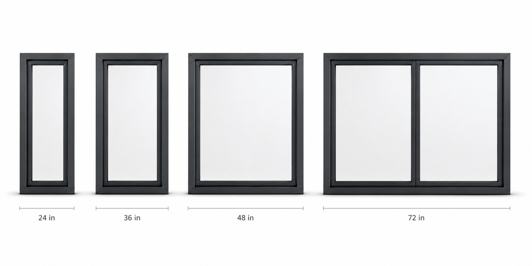 The same window unit rendered at four increasing widths, from a single narrow sash to a four-panel assembly.