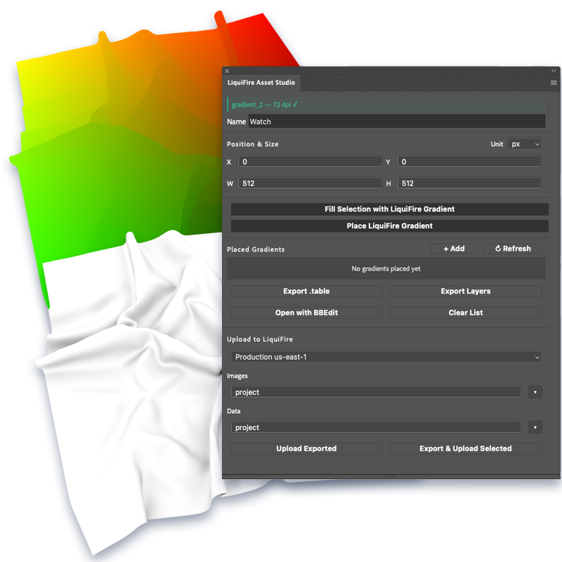 LiquiFire Asset Studio panel showing gradient and intensity mapping for structured asset preparation